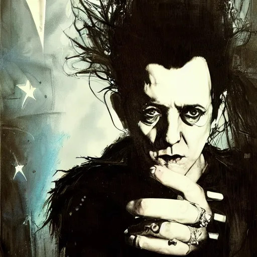 Image similar to stunning portrait of gaunt joe strummer a ( the cure fan ) as dream from sandman, dim stars as eyes, by jeremy mann, by cedric peyravernay, by by russ mills, by richard avedon and ben templesmith, dramatic lightning, sadness, dark eye sockets, in the shadows, punk rock, gothic, high detailed, 8 k