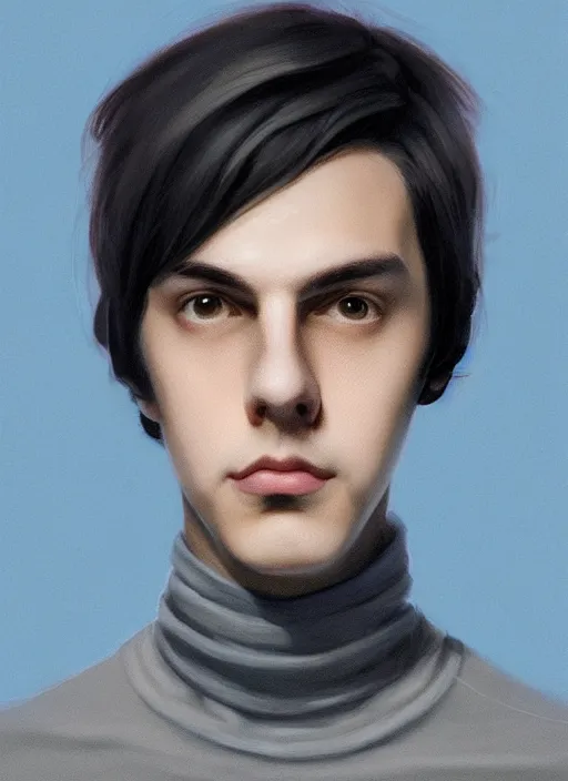 Image similar to portrait of teenage jughead jones wearing a light grey crown, crown, blue turtleneck, closed eyes, photorealistic, black hair, glowing lighting, intricate, elegant, glowing lights, highly detailed, digital painting, artstation, concept art, smooth, sharp focus, illustration, art by wlop, mars ravelo and greg rutkowski