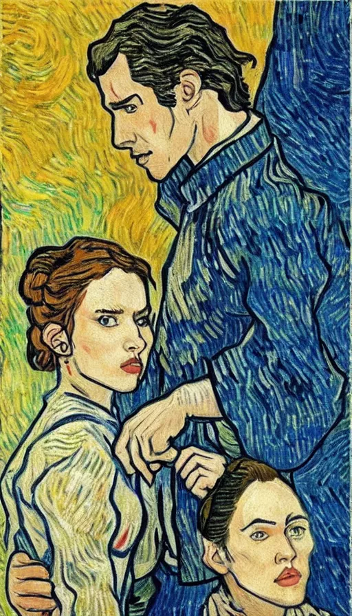 Image similar to reylo in the style of van gogh