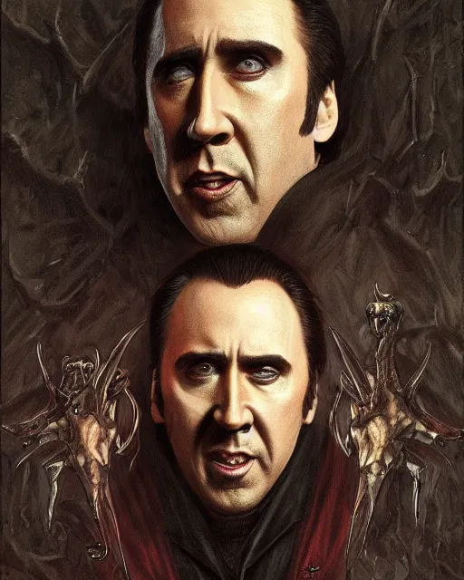 Prompt: nicolas cage as dracula, fangs, highly detailed, centered, artstation, concept art, smooth, sharp focus, illustration, bokeh art by artgerm and donato giancola and joseph christian leyendecker zdzisław beksinski