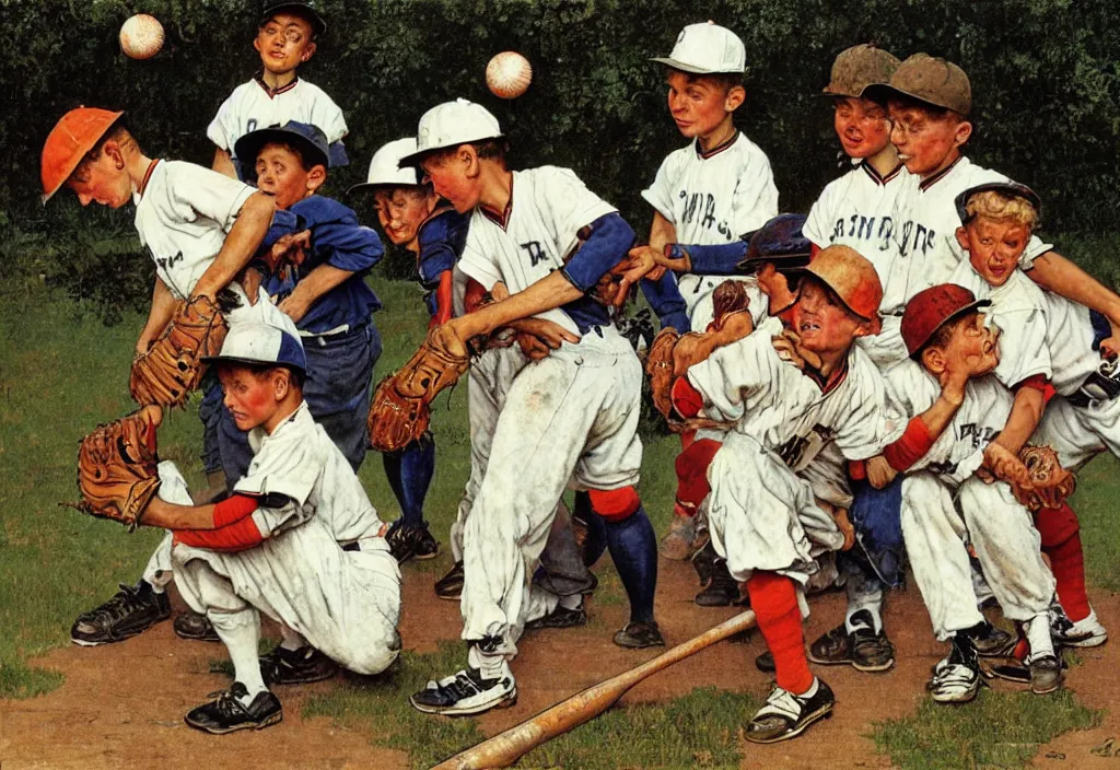 Prompt: a group of kids playing baseball by Norman Rockwell