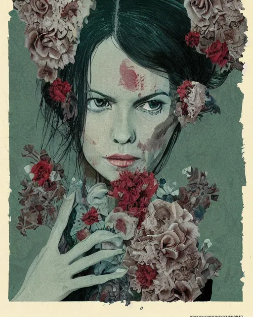 Image similar to a pulp illustration of a beautiful but serious woman in layers of fear, with haunted eyes and dark hair piled on her head, 1 9 7 0 s, seventies, floral wallpaper, wilted flowers, a little blood, morning light showing injuries, delicate ex embellishments, painterly, offset printing technique