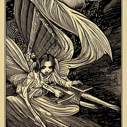 Image similar to precisely drawn illustration o flying harpy, old-fashioned tarot card, victorian playing card, sepia tone, wide angle, sharp, fine details, French comic style, cyberpunk, intense line art, 8k, precise linework, realistic, shaded lighting by katsuhiro otomo ghost-in-the-shell, magali villeneuve, artgerm, rutkowski Jeremy Lipkin and Giuseppe Dangelico Pino and Michael Garmash and Rob Rey and Moebius