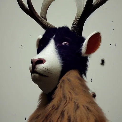 Prompt: Faun Portrait furry ears snout collar neck paws Antler Skunk Mummy Wraith wearing a silken leotard ASPCA National Geographic Wikipedia Demiurge pet adoption quill splatterpaint rorschach 4k artstation unreal engine render robert rauschenberg giorgio de chirico greg rutkowski