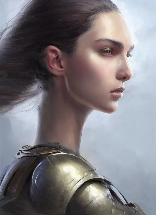 Image similar to a professional painting of a beautiful young female, clothed in military armor, olive skin, long dark hair, beautiful bone structure, symmetrical facial features, intricate, elegant, digital painting, concept art, smooth, sharp focus, illustration, from Metal Gear, by Ruan Jia and Mandy Jurgens and Artgerm and William-Adolphe Bouguerea