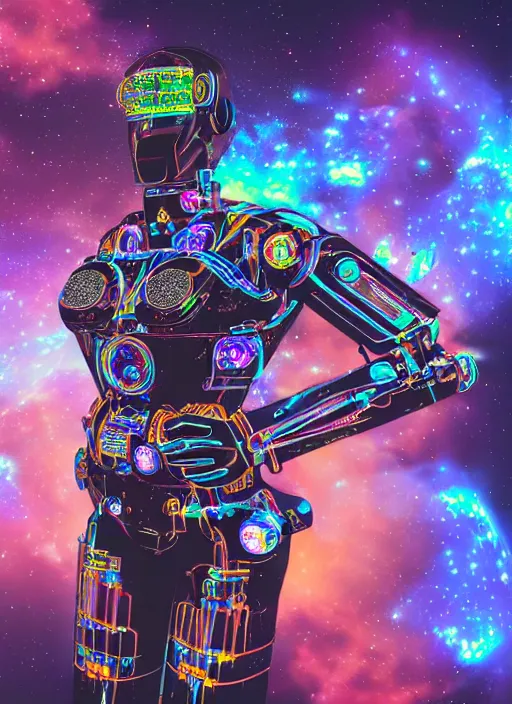 Image similar to intricate cyborg pilot girl with electromechanical robot parts, connected made of and covered with many colorful wires, featuring beautiful detailed machined crystal eyes glowing with nebula, background glowing game server powered by galaxies. backlit luminous shiny metallic