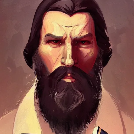 Image similar to portrait of rasputin in team fortress 2 style, epic, tragic, military art, fantasy, dieselpunk, hd shot, digital portrait, beautiful, artstation, comic style, by artgerm, guy denning, jakub rozalski, magali villeneuve and charlie bowater