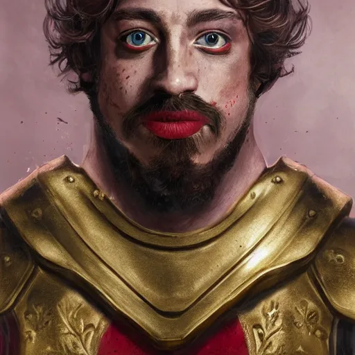 Image similar to Sam Hyde as a Roman warrior wearing gold and red armor, elegant suit, looking at bloody fist, portrait art by James Jean, highly detailed, digital painting, concept art, illustration, dim lighting with twilight rays of sunlight, trending on artstation, very detailed, smooth, sharp focus, octane render, close up