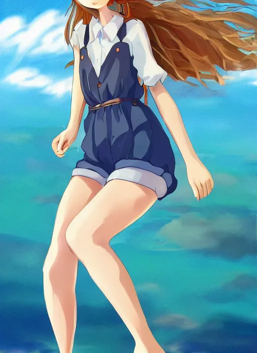 Image similar to girl at a beach, happy, beautiful, finely detailed, made by ross tran, studio ghibli, full body portrait, illustration, shinny water, shinny sand, sunny, anime, front view, perfect anime face, realistic face, zoomed out, smooth, blue eyes, high waisted shorts, sharp focus