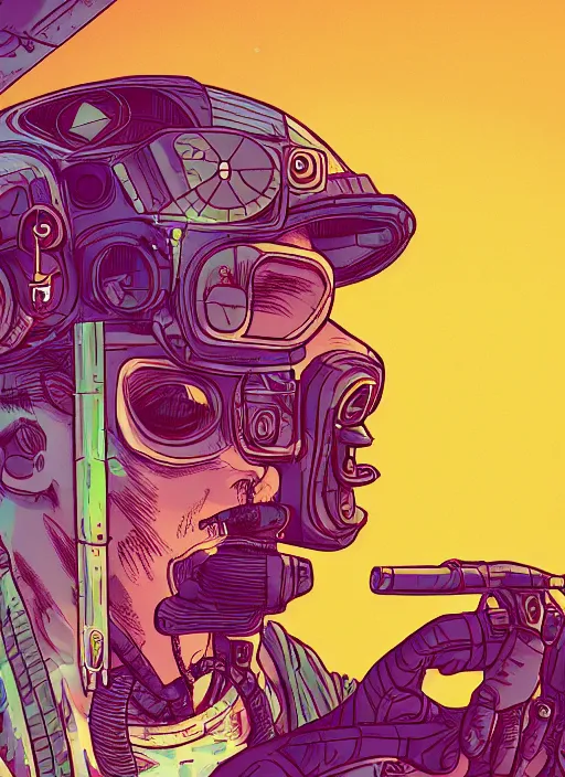 Image similar to in the style of max prentis and deathburger and laurie greasley a beautiful close up of a young explorer wearing a cyberpunk headpiece playing video games in his treehouse, colourful flat surreal design, highly detailed, 8 k wallpaper