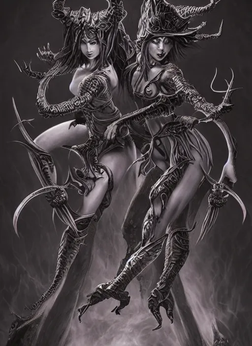 Image similar to two female demons dancing, queen of blades, diablo 4 lilith, line art, by artgerm, by yusuke murata, by hiroya oku, by dorian cleavenger, by zdzisław beksinski, trending on artstation