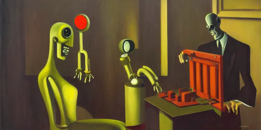 Prompt: evil mastermind robot portrait, grant wood, pj crook, edward hopper, oil on canvas