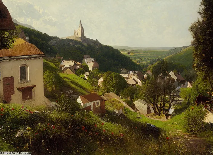 Prompt: from an upstairs window, looking up steep slope, road to church atop hill, playing fields to the right, small stone buildings, carl spitzweg, david curtis, morgan weistling, jim beckner, michael alford, craig mullins, jeremy mann