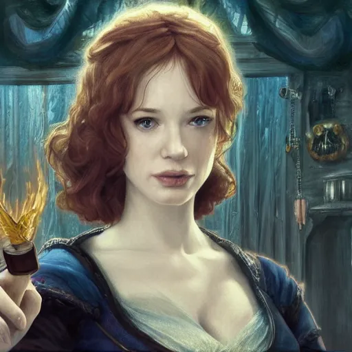 Prompt: sad young christina hendricks in a tavern, holding a small roung mirror, surprised expression on her face, she is surprised, warhammer, lord of the rings, intricate, highly detailed, digital painting, artstation, concept art, smooth, sharp focus, illustration, unreal engine 5, 8 k, art by artgerm and greg rutkowski and alphonse mucha