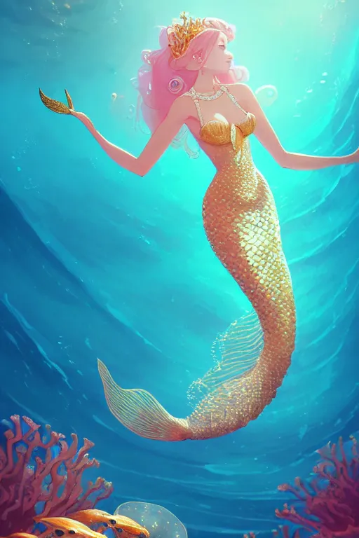 Image similar to a beautiful mermaid queen of the ocean in the middle of coral reefs, pearl and gold and crystal jewelry, complex and shiny dress inspired by jellyfish, by ross tran and atey ghailan, by greg rutkowski, by greg tocchini, by james gilleard, by joe fenton, by kaethe butcher, dynamic lighting, grunge aestheti