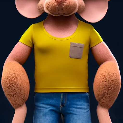 Prompt: 3 d render, portrait, upper body shot, mid shot, anthropomorphic mouse, female, wearing denim short shorts and a off yellow tank top shirt, in the style of robben hood