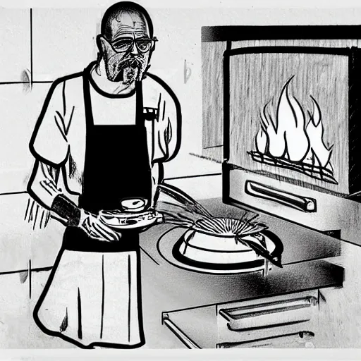 Image similar to very detailed black and white pencil sketch of walter white cooking a pizza with a blowtorch