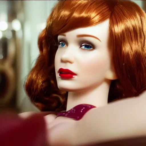 Image similar to amazing beautiful Christina Hendricks barbie doll wearing leather in the living room, film still from the movie directed by Denis Villeneuve , wide lens