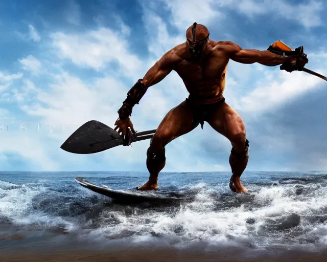 Image similar to single spartan with surfing on australian beach, epic award winning action cinematic still from the movie 3 0 0, 8 k, global illumination, detailed face, muscles, rim highlights, hyper realistic, stunning waves, happy vibes