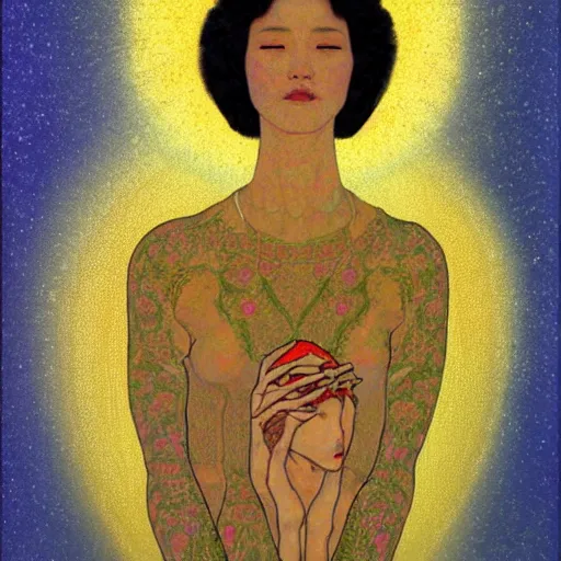 Image similar to a portrait of a very beautiful goddess with halo behind her head, looking in front, in the style of WLOP and Hsiao-Ron Cheng and Gustav Klimt