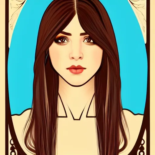 Image similar to curvy brunette woman with straight hair in a bob, romanian heritage, brown eyes, no bangs, digital art, cartoon, 8k, illustration, art nouveau, Alphonse Mucha, trending on artstation, medium shot, head shot