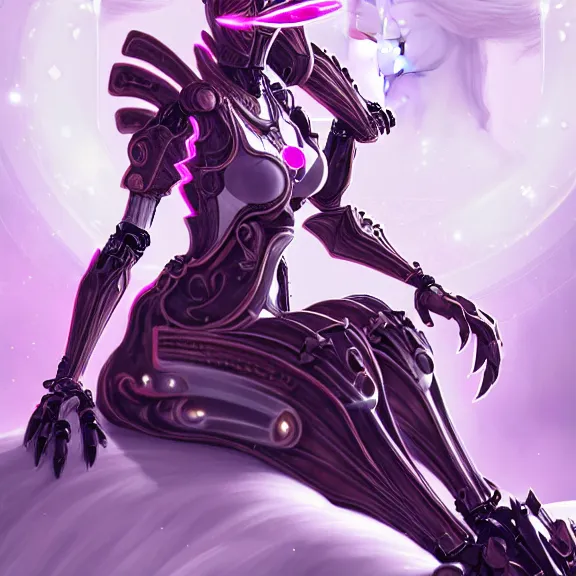 Image similar to highly detailed exquisite fanart, of a beautiful female warframe, but as an anthropomorphic robot dragon, sitting on a soft green sofa, with robot dragon head, doing an elegant pose, off-white plated armor, bright Fuchsia skin, full body shot, epic cinematic shot, realistic, professional digital art, high end digital art, DeviantArt, artstation, Furaffinity, 8k HD render, epic lighting, depth of field