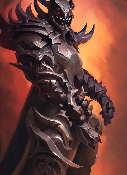 Image similar to Greg Manchess portrait painting of a demonic, devil armored character from league of legends, full shot, asymmetrical, profile picture, Organic Painting, sunny day, Matte Painting, bold shapes, hard edges, street art, trending on artstation, by Huang Guangjian and Gil Elvgren and Sachin Teng