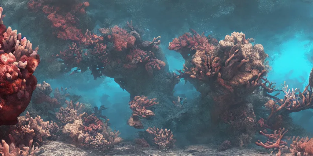 Prompt: a underwater ship ruins covered by corals, godrays, epic image, path traced, shipwreck, hyperrealistic, concept art, octane render, unreal engine 5, some fish, centered, symmetrical, low contrast, cinematic, soft lighting, high coherence, digital painting, masterpiece, digital art, serene scenery, old, elegant