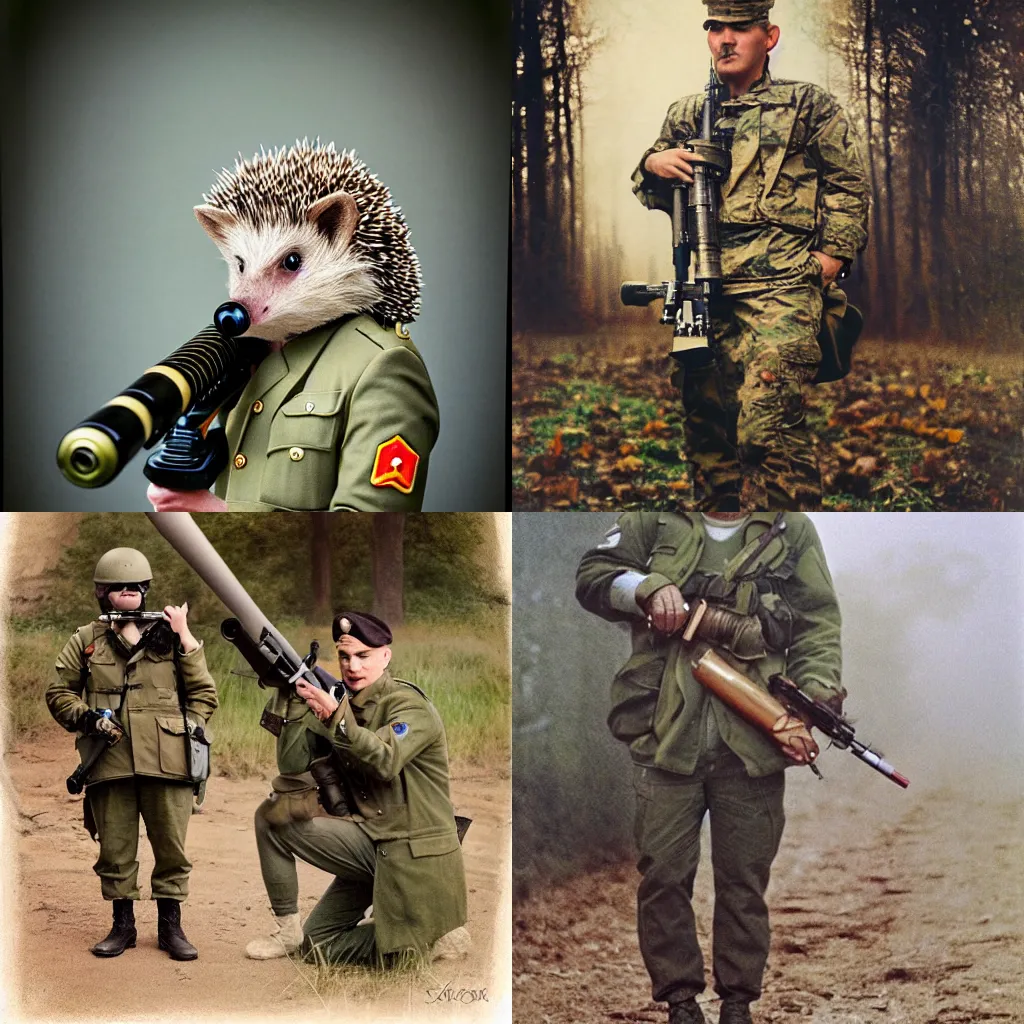 Prompt: anthropomorphic hedgehog!!!! as army soldier in soldier uniform with bazooka, secretly on a village, Cinematic focus, Polaroid photo, vintage, neutral colors, soft lights, foggy, by Steve Hanks, by Serov Valentin, by lisa yuskavage, by Andrei Tarkovsky