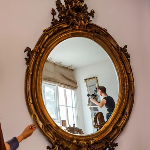 Prompt: professional direct photograph of an ornate mirror with photographer in the shot