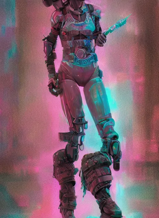 Image similar to detailed full body concept colorful pastel painting of a dystopian female road warrior in intricate clothing, cinematic lighting, hyperdetailed, 8k, high resolution, insanely detailed and intricate, octane render, vfx, postprocessing, alluring