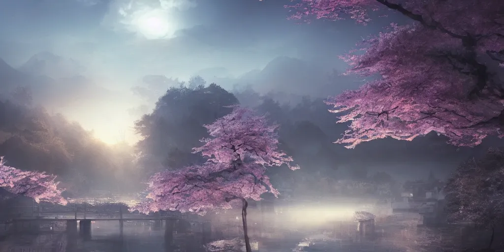 Image similar to a highly detailed digital painting of a japanese town, volumetric lighting, atmospheric fog, epic composition, cherry blossom leaves falling, artstation, 8 k