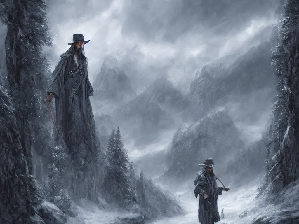 Prompt: a highly detailed rendering of a wizard in flowing robes and brimmed hat with a staff travelling trough a dark forest with a backdrop of snow-capped mountains and stormy clouds, neo-romanticism, wild, highly detailed, digital painting, artstation