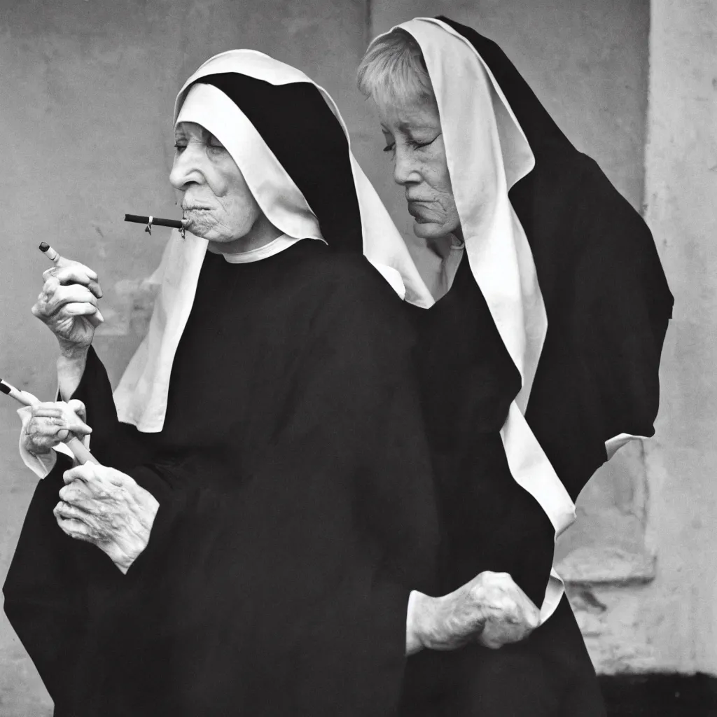 Image similar to a nun smoking a cigarette