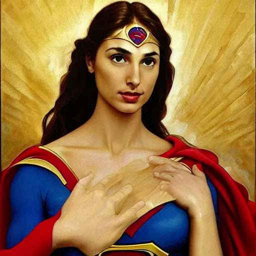 Prompt: Head and shoulders masterpiece portrait oil painting of the beautiful goddess Gal Gadot as Supergirl, she is wearing roman clothes and a surreal jewelry, her hair is natural disheveled, she is approaching heaven over the clouds, naturalism, dramatic lighting, high-detailed oil painting by Ilya Repin, Michelangelo da Caravaggio, William Blake, Alex Grey and Beksinski, trending on Artsation, hystorical painting, naturalism, masterpiece, full body shot, 4k, 8k,