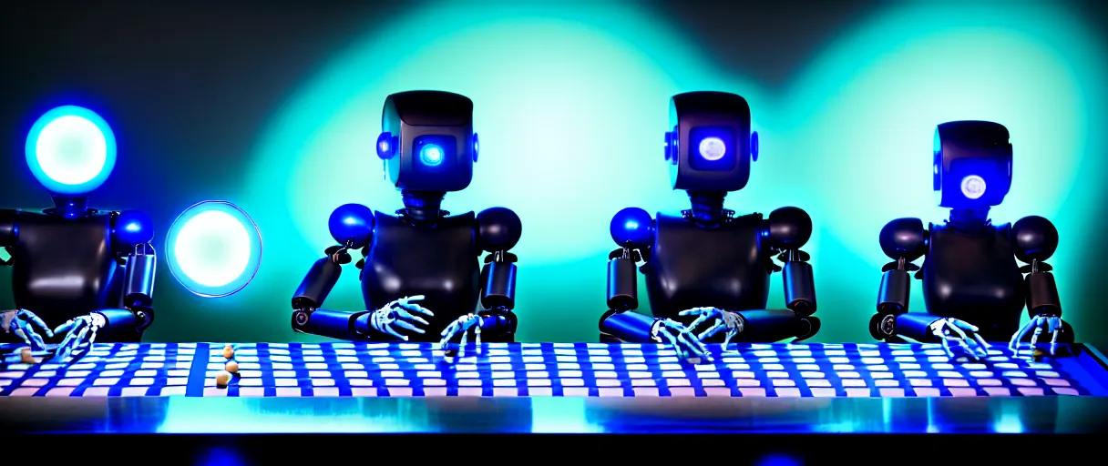 Image similar to a highly detailed photo of two futuristic matte blue full humanoid robots with glowing led eyes and chrome accents, sitting on large midcentury recliners facing off in an intense game of checkers. cinematic movie photograph, cinematic lighting, arri alexa, extremely detailed, smooth, very very clean, 8 k, octane render, maya render, unreal engine, trending on artstation, dslr