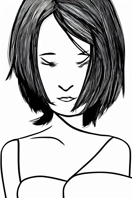 Image similar to portrait of a girl in long pants and a top, hands in pockets, eyes closed, bob haircut, digital art, black and white, simple, manga style