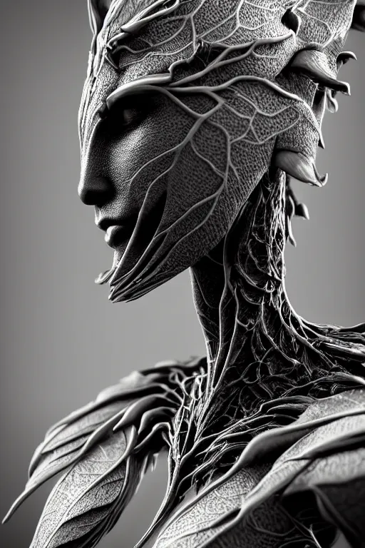 Image similar to bw close - up profile face, black background, beautiful young porcelain vegetal - dragon - cyborg - female, 1 5 0 mm, beautiful natural soft rim light, silver gold details, magnolia leaves and stems, roots, mandelbot fractal, elegant, ultra detailed, white metallic armour, octane render, h. r. giger style