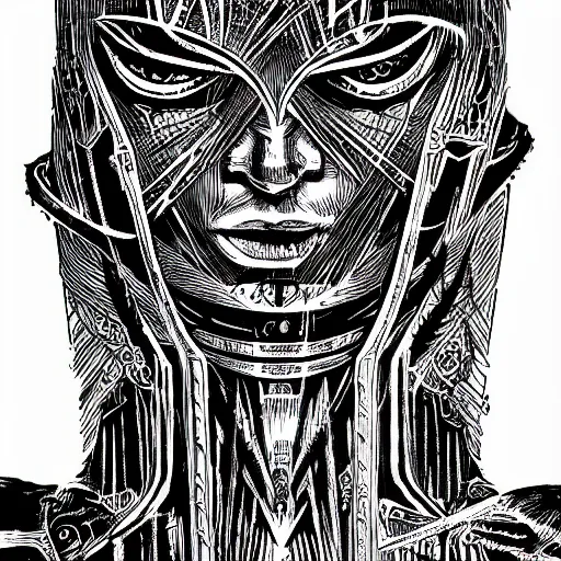 Image similar to a black and white drawing of a face, a comic book panel by philippe druillet, behance, neoism, wiccan, woodcut, tarot card