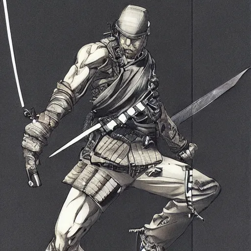 Image similar to splitting a bullet with a sword, samurai vs swat team hyperrealism yoji shinkawa