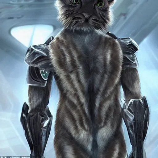 Image similar to a humanoid with cat-like features, yellow eyes, teeth that protrude past the lower lip (sort of like a saber-tooth tiger) and fine grayish fur on their faces and backs of their hands wearing futuristic alien armor and carrying weapons, octane,