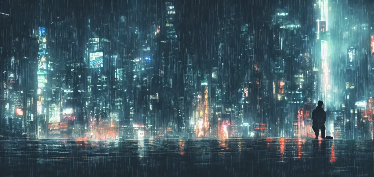 Image similar to shot of the roof with single man sitting on the edge during rain, below impressive cyberpunk night city during great rainy storm with lightning, nightscape, futuristic architecture, realistic photo, neons, blade runner, akira style, cinematic lighting, cinematic angles