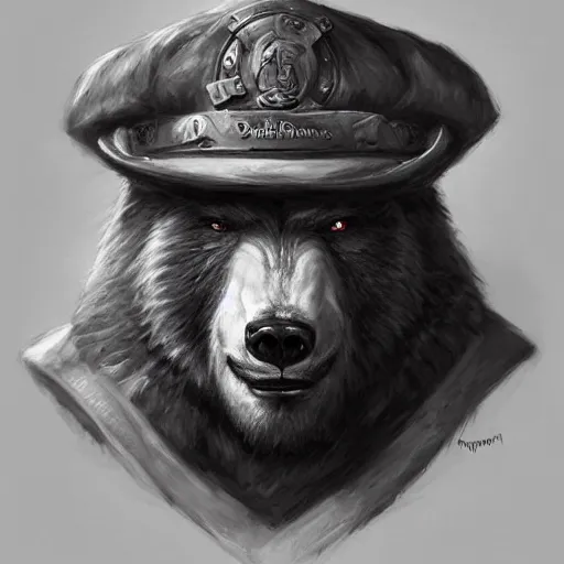 Image similar to dashing charming grinning charismatic bear beast-man rogue, wearing captain's tricorne hat, naval background, amazing, lifelike award winning pencil illustration trending on art station artgerm Greg rutkowski cinematic