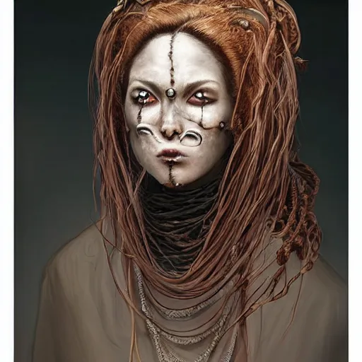 Image similar to portrait of a Shibari rope wrapped face and neck, headshot, insanely nice professional hair style, dramatic hair color, digital painting, of a old 15th century, young cyborg Rubber Nun, amber jewels, baroque, ornate clothing, scifi, realistic, hyperdetailed, chiaroscuro, concept art, art by Franz Hals and Jon Foster and Ayami Kojima and Amano and Karol Bak,