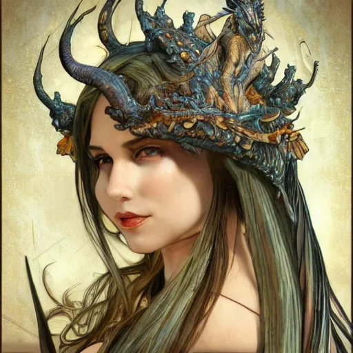 Image similar to portrait of the dragon queen by artgerm and H R Giger and alphonse mucha, Dragon in dragon lair, HD, full body dragon concept, flying dragon, Human body with dragon features, beautiful queen, perfect face, ray tracing, 4k realistic 3d rendered portrait, soft shading, soft colors, relaxed colors, hyperdetailed, wide angle lens, fantasy, futuristic horror, armor style of giger