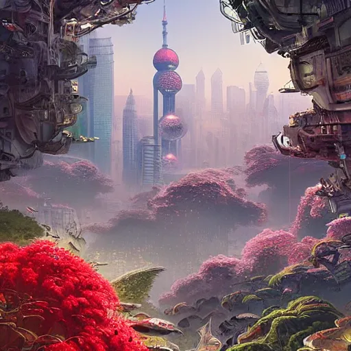 Prompt: 3 d, hyperrealism art glamorous sci - fi poster, a panoramic view of shanghai with a lot of flowers, beautiful whimsical botanical illustration, by android jones and greg rutkowski, digital matte painting, papercut art style, golden ratio