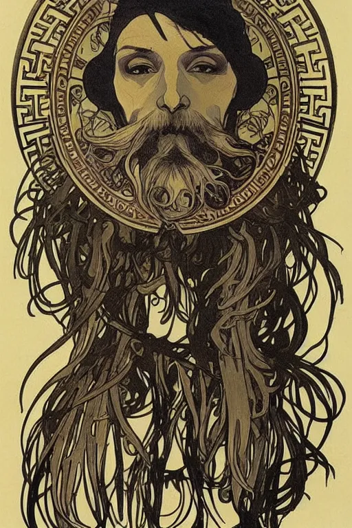 Image similar to bearded skull, illustration art by alphonse mucha