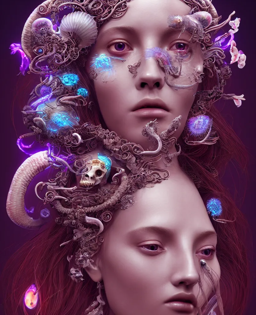 Image similar to goddess close-up portrait of princess face and ram skull. eyes. jellyfish phoenix head, nautilus, orchid, skull, betta fish, bioluminiscent creatures, intricate artwork by Tooth Wu and wlop and beeple. octane render, trending on artstation, greg rutkowski very coherent symmetrical artwork. cinematic, hyper realism, high detail, octane render, 8k