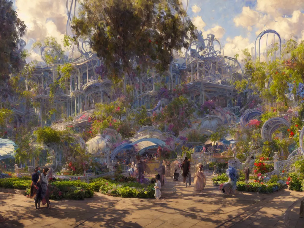 Image similar to impressionist brushstrokes!!!! solomon joseph solomon and richard schmid and jeremy lipking victorian loose genre loose painting of a busy elaborate ornate outdoor sci - fi park, cinematic, shadows, partly cloudy day, 4 k, detailed, by zaha hadid and peter jackson and ridley scott and beeple and greg rutowski