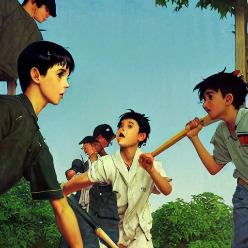 Prompt: a summer day. A teen boy with black hair is wearing a baseball cap and outfit and swinging his baseball bat. Norman Rockwell. Makoto shinkai. Kuvshinov ilya.